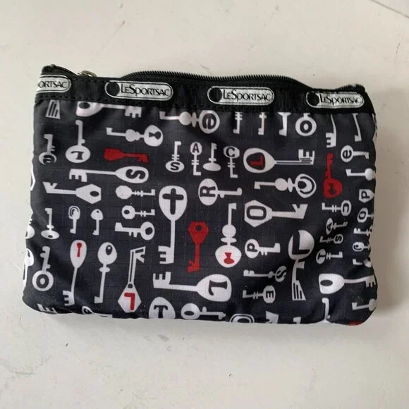 LESPORTSAC 2 SMALL BAGS POUCHES COSMETIC BAGS BLACK KEY PATTERN - Picture 5 of 10